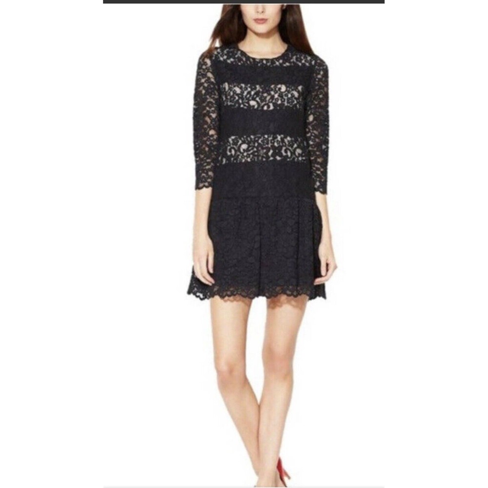 Sandro Paris Women’s 3/4 Lace Sleeve Drop Waist Dress Black Lace Size 1 Small
